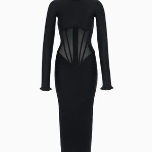 Long-Sleeve Black Mesh-Corset Bodycon Dress